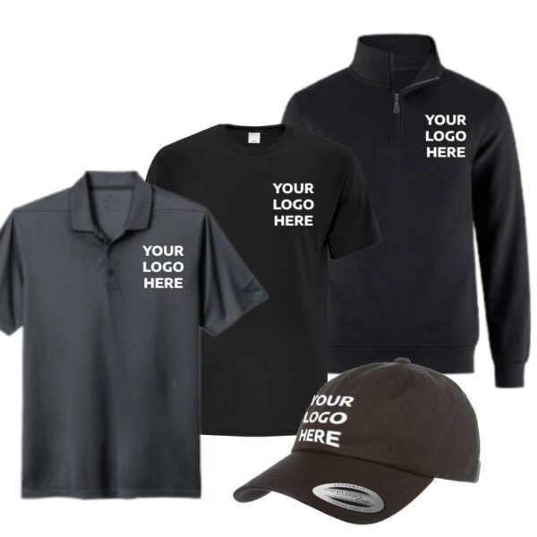 Corporate Site Bundle featuring a dad hat, polo, tshirt, and quarter zip sweater