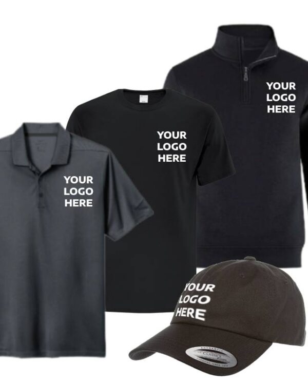 Corporate Site Bundle featuring a dad hat, polo, tshirt, and quarter zip sweater